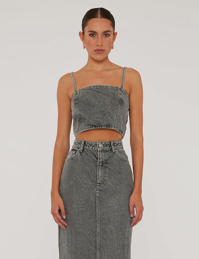 ROTATE Birger Christensen - Rhinestone Denim Top